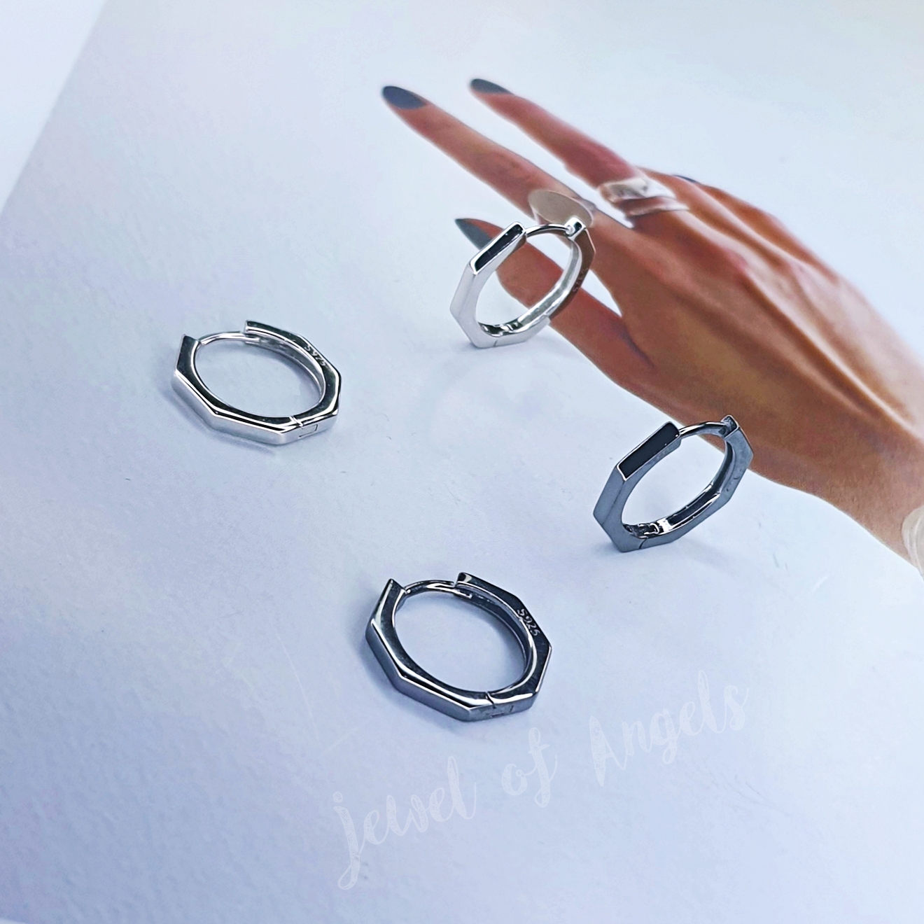 ต่างหูห่วงเงินแท้ S925 รุ่น Octagon ห่วงแปดเหลี่ยม สีเงิน สีดำ มินิมอล Silver925