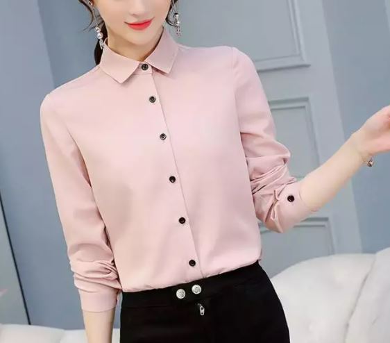 เสื้อเชิ้ตผู้หญิง เสื้อเชิ้ตแขนยาว สีชมพู เสื้อคอปก ผ้าลื่น แบบสวย เสื้อเชิ้ตใส่ทำงาน แบบเก๋ ๆ สีพื้น 409467