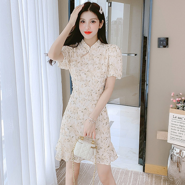 เดรสลูกไม้ เดรสชีฟองสวยๆ แขนสั้น By Meiyi women's clothing