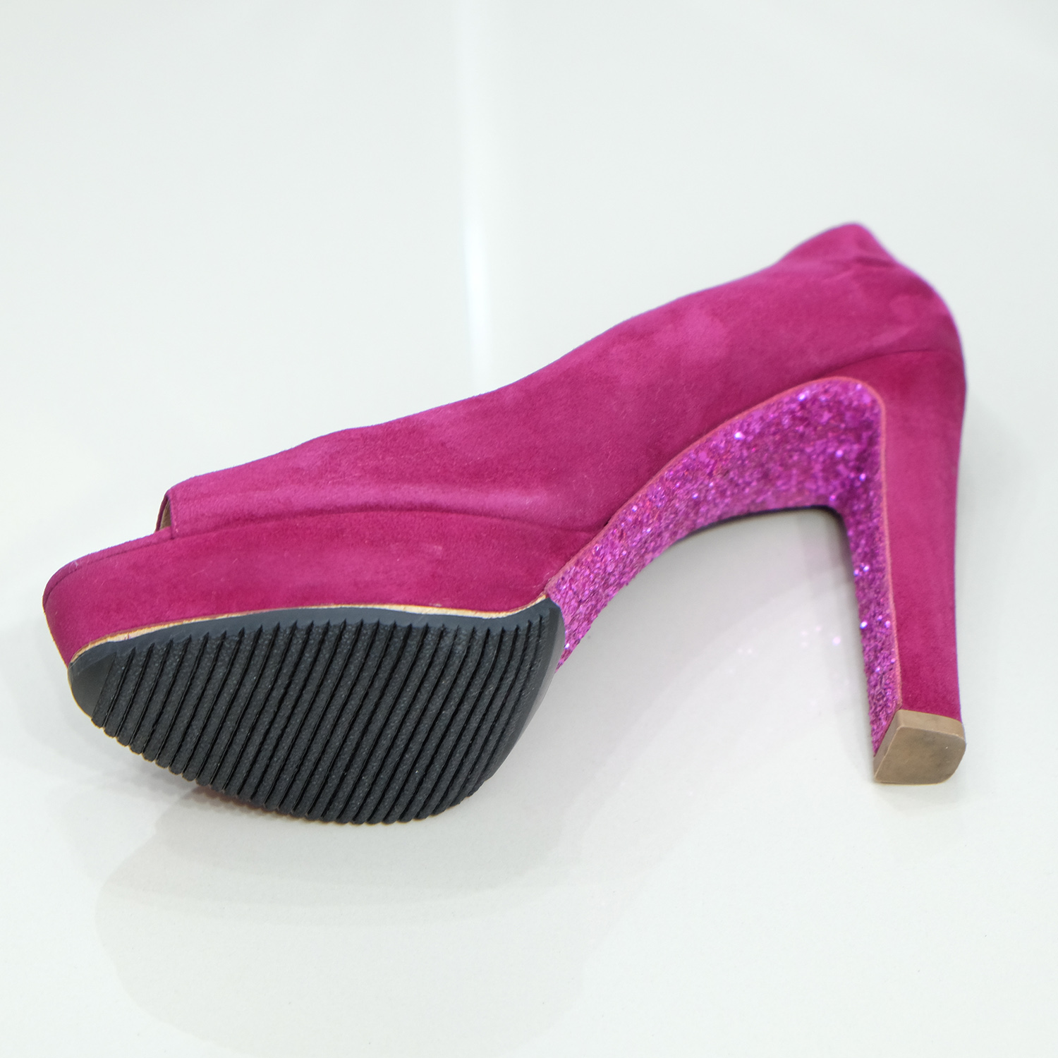 Miu Miu Fushia Pink Suede (Goat) Peep Toes Glitter Heel 5.5" Size 40