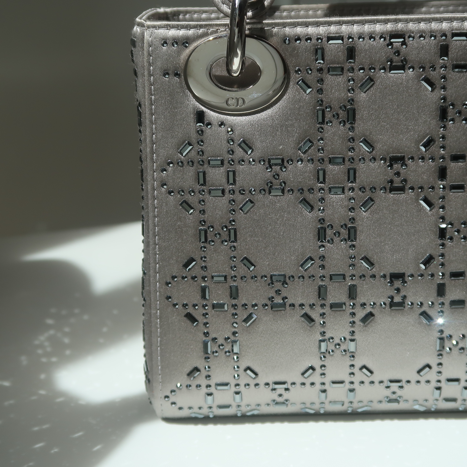 Christian Dior Grey Strass Cannage Satin Mini Lady Dior SHW