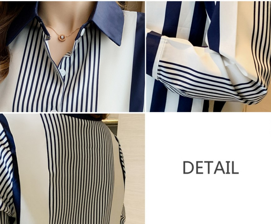 เสื้อเชิ้ตผู้หญิง ใส่ทำงาน เสื้อเชิ้ต คอปก แขนยาว ลายตรง สีขาว กรม เสื้อ เชิ้ต สวย ๆ ใส่ทำงาน 141001
