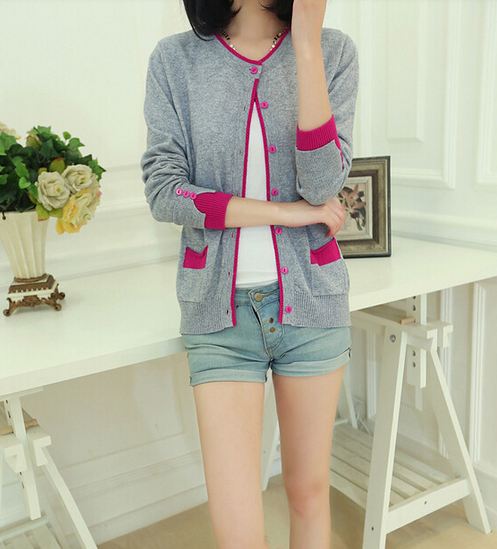 เสื้อไหมพรม เสื้อถักนิตติ้ง เสื้อคลุม Jacket ผู้หญิง ใส่ในห้องแอร์ สีเทา ตัดขอบเสื้อ สีส้มพู ดีไซน์ เก๋ เสื้อคลุม ใส่ทับเสื้อ นักศึกษา 676786_2