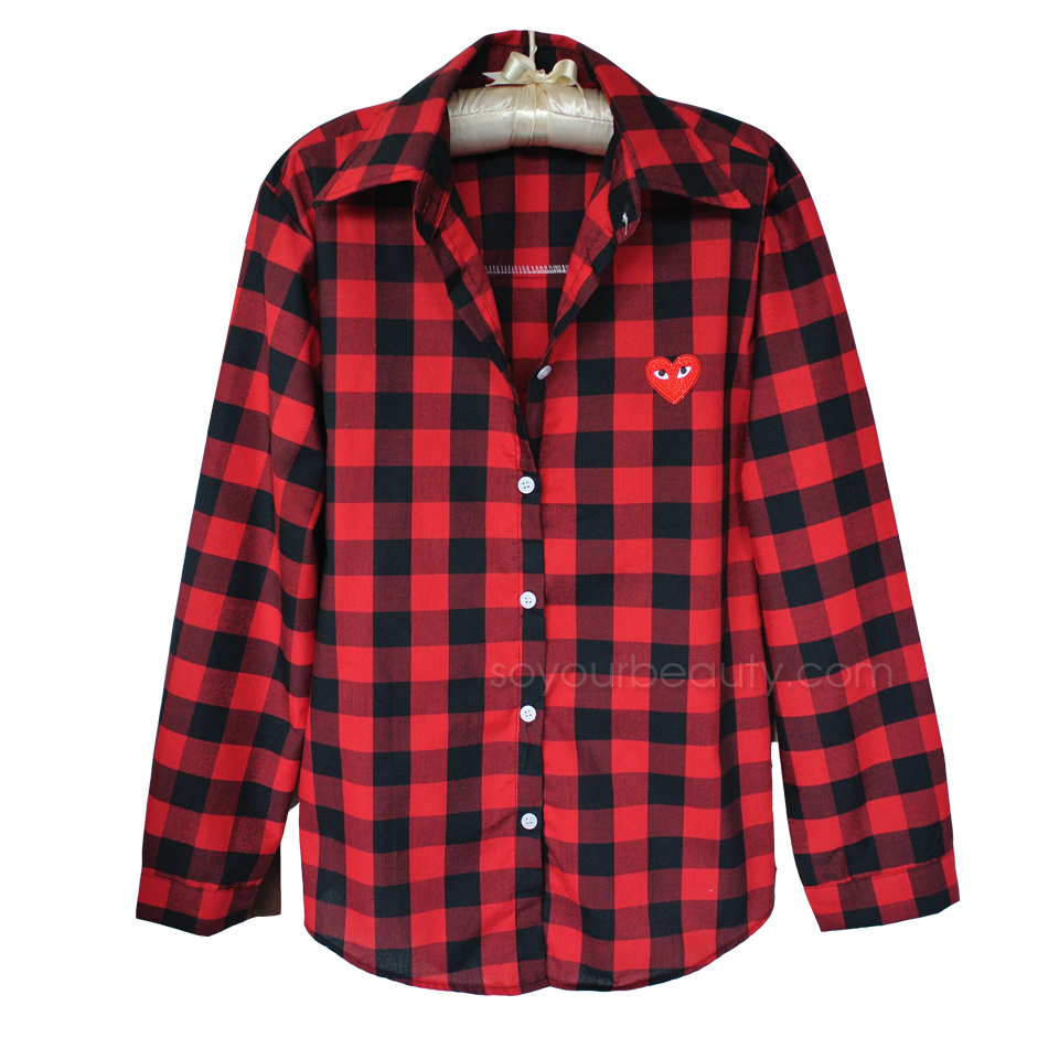 แฟชั่นเสื้อผ้า เสื้อเชิ้ตลายสก๊อตผู้หญิง ดำ-แดง