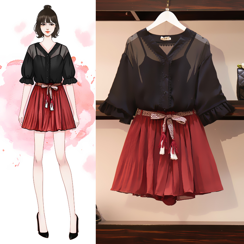 Set_bp1769 ชุดเซ็ท(เสื้อ+กางเกง) เสื้อชีฟองสีดำทรงโอเวอร์ไซส์กระดุมหน้าพร้อมเสื้อสายเดี่ยวตัวใน+กางเกงขาสั้นอัดพลีททรงปล่อยสีไวน์แดงเอวยางยืดมีซับในผ้าชีฟองเนื้อหนา มีเข็มขัดผ้าลายกราฟฟิค งานเซ็ทเข้าชุดสุดน่ารัก ดีเทลเก๋ๆ ดีงาม แมทช์ได้ลง