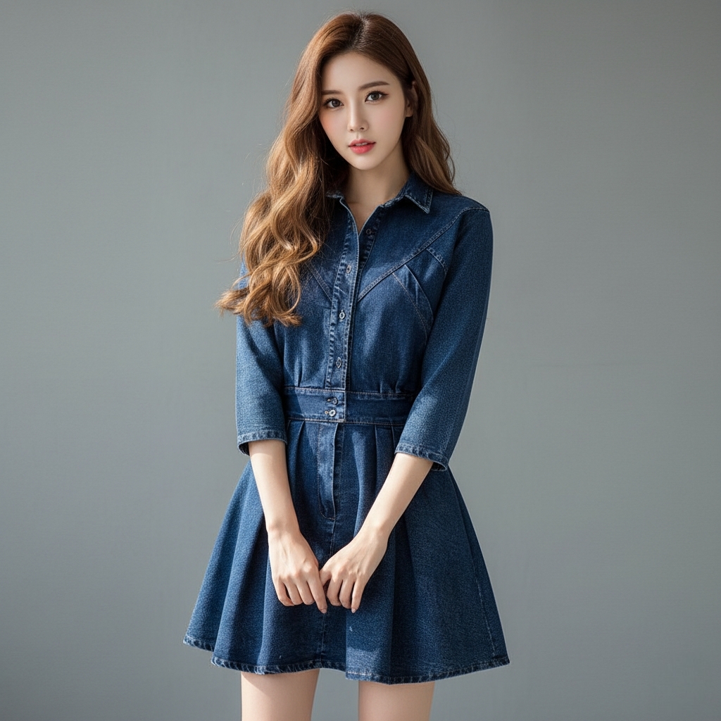 👗 Dress4675 เดรสยีนส์แขนยาวสี่ส่วน ดีไซน์เชิ้ตคลาสสิค ทรงสวยใส่ได้ทุกโอกาส