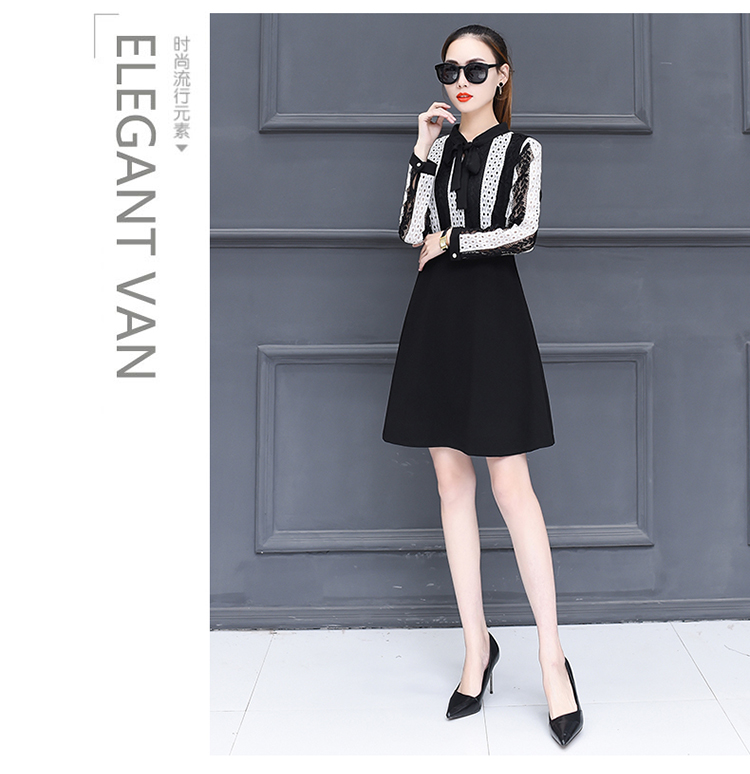 Dress4426 เดรสลูกไม้แขนยาวสลับสีครีมดำตัดต่อกระโปรงสีพื้นดำผูกโบว์คอ มีซับใน งานดีทรงดีดูสวยแพง ทรงนี้ใส่ทำงานได้