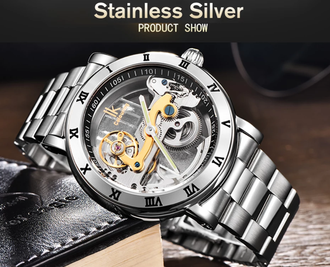 นาฬิกาข้อมือโชว์กลไก นาฬิกาข้อมือผู้ชาย สาย Stainless steel กันน้ำได้ 100% หน้าปัดทอง และ หน้าปัดเงิน no 832325