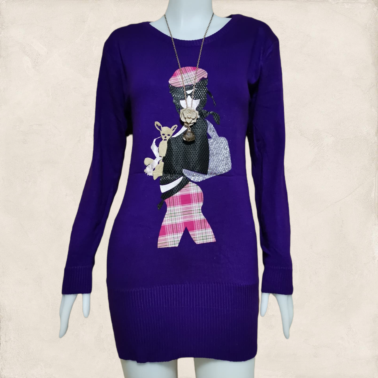 Dress3652 Sweater Dress เสื้อกันหนาว/เดรสกันหนาวแขนยาว ผ้าไหมพรมเนื้อหนานุ่ม แต่งลายผู้หญิง สีม่วงเข้ม