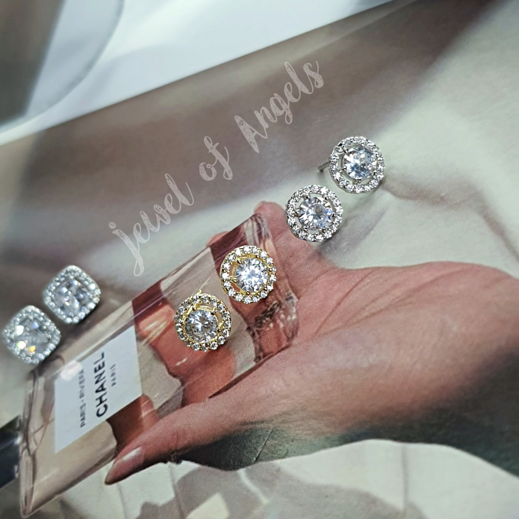 ต่างหูเงินแท้S925 รุ่น Honey ต่างหูเพชรCZสี่เหลี่ยมล้อมเพชร เพชรCZกลมล้อมเพชร เงินแท้ทั้งชิ้น Silver925