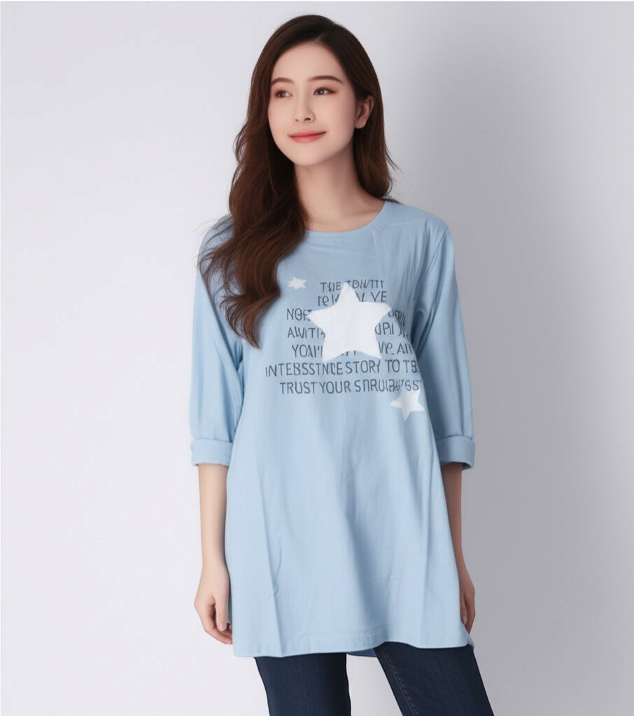 ⭐ Blouse4033 เสื้อยืดสาวอวบไซส์ใหญ่ สกรีนลายดาว แขนยาวทรงปล่อย ใส่สบาย
