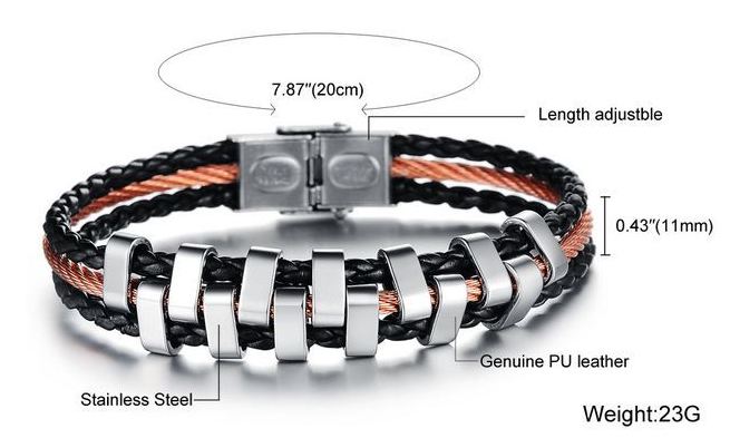 สร้อยข้อมือผู้ชาย กำไลข้อมือผู้ชาย หนังถักสีดำ ผสมผสาน กับ สแตนเลส สี Rose Gold ร้อยด้วยห่วงสีเงิน สวยเก๋ เท่ มีดีไซน์ no 394982