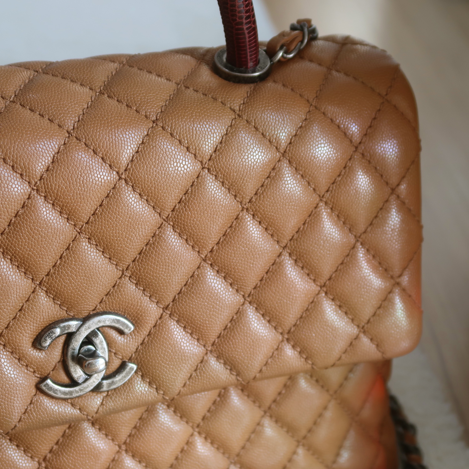 Chanel Caramel Caviar Coco Handle Lizard Medium 13" RHW