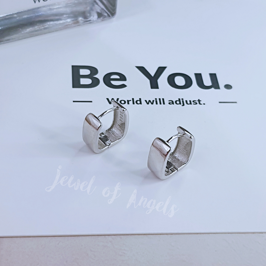 ต่างหูเงินแท้ S925 รุ่น Smooth ต่างหูห่วง4เหลี่ยมหนา สูง10.8mm เงินแท้ทั้งชิ้น Silver925 ต่างหูผู้ชาย