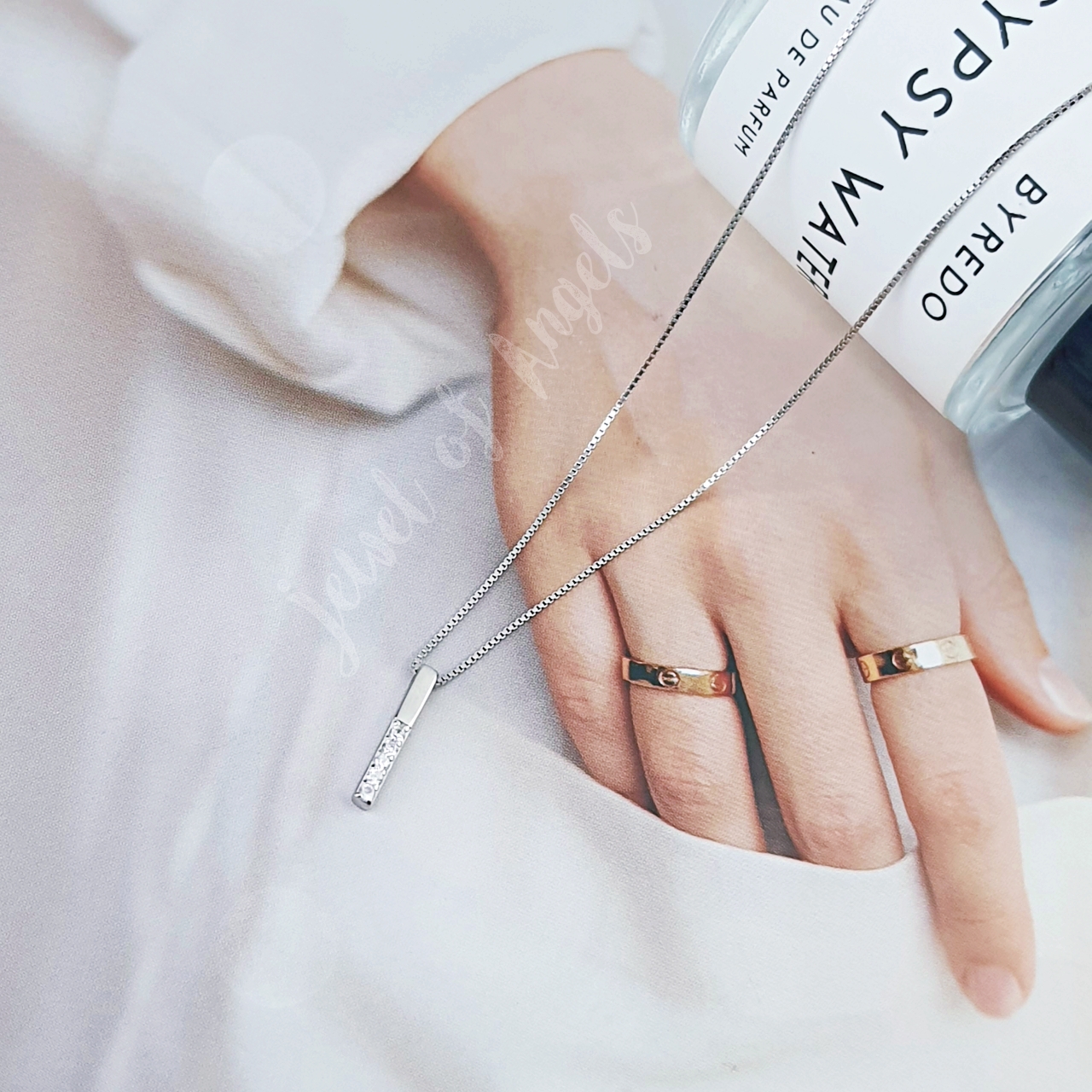 สร้อยคอสั้นเงินแท้ S925 รุ่น Elegant สร้อยลายBox จี้บาร์ยาวเพชรCZ สร้อยคอแฟชั่น silver925