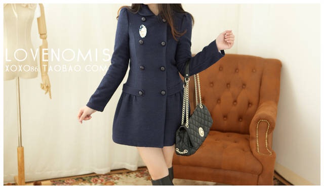 LADY COAT เสื้อโค้ทกันหนาว ยาว 25 นิ้ว ทรงหวานๆ สไตล์เกาหลี พร้อมส่ง ไม่รวมเช็มกลัด DARK BLUE