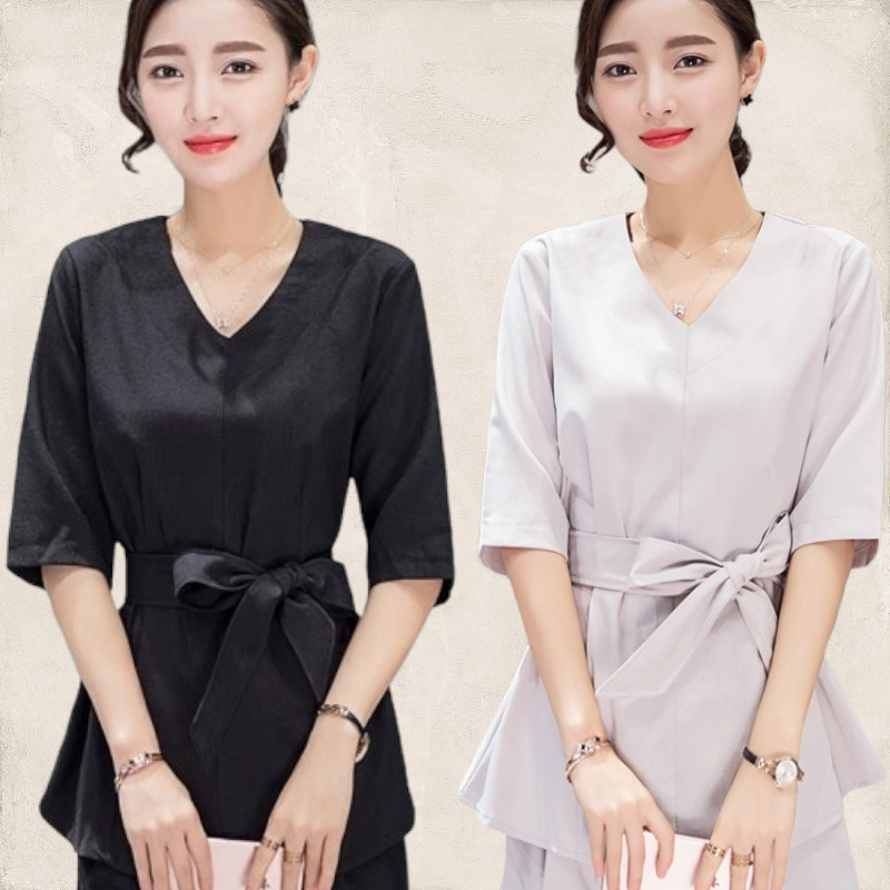 Blouse3829 เสื้อตัวยาวคอวีแขนสามส่วนสีพื้น ผ้าคอตตอนลินินเนื้อดีหนามีน้ำหนักอยู่ทรงสวย งานสวยหรูดูแพง ผ้าสวยเกินราคา แมทช์กับกางเกงได้หลายแบบ มี 2 สี ดำ, เทา
