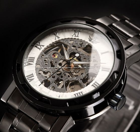 นาฬิกาข้อมือ โชว์กลไก Mechanical watch นาฬิกาข้อมือผู้ชาย สาย Stainless Steel สีดำ ยอดนิยม หน้าปัดขาว เลขโรมัน สีเงิน 268605_7