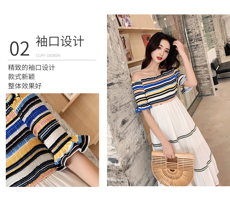 Dress4586 เดรสยาวเปิดไหล่สม็อครอบอกและเอว ช่วงบนผ้าคอตตอนลายริ้วโทนสีคัลเลอร์ฟูล ตัดต่อกระโปรงชีฟองเนื้อดีหนามีน้ำหนักสีขาวตกแต่งด้วยแถบเส้นลายกราฟฟิคดูมีดีเทล มีซับในอย่างดี งานเกรดพรีเมียมดูสวยแพง