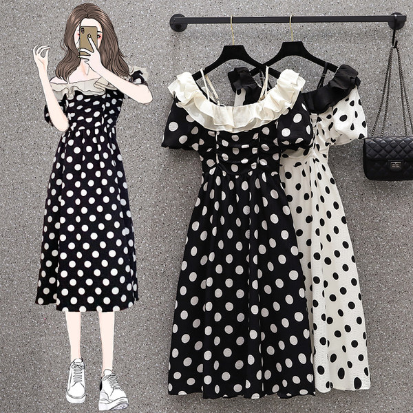 เดรสคนอ้วน เดรสสาวอวบ ชุดเดรสคนอ้วนวัยรุ่น เดรสลายจุด ขาว ดำ BY PLUS SIZE Girl