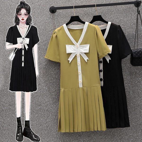 เดรสคนอ้วน เดรสสาวอวบ ชุดเดรสคนอ้วนวัยรุ่นแขนสั้น BY PLUS SIZE Girl