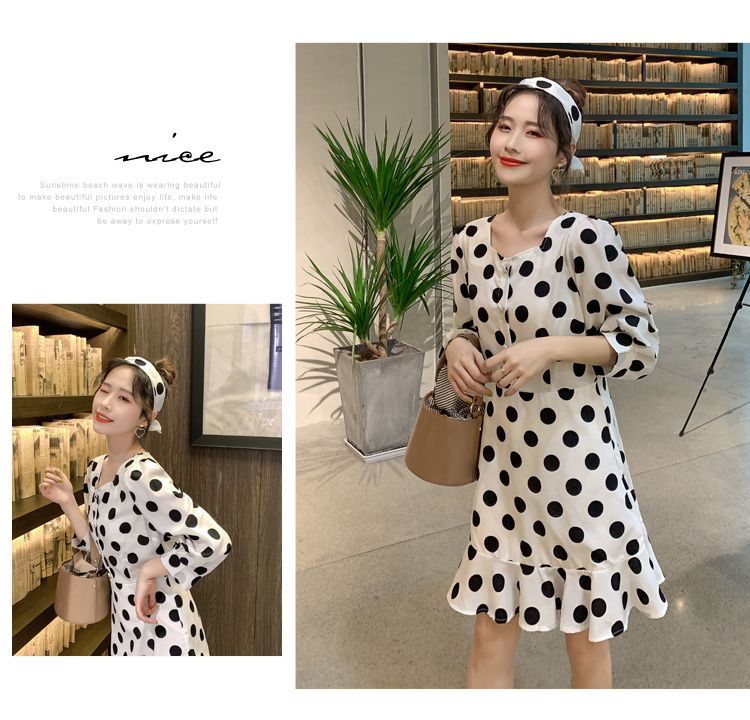 Dress4544 เดรสลายวงกลมทรงเข้ารูปชายระบาย อกแต่งกระดุม แขนยาวสี่ส่วน ซิปข้าง มีผ้าผูกเอว ผ้าไมโครเนื้อดี งานดีทรงดีใส่สวย ใส่ทำงาน ใส่เที่ยว ชุดเดียวจบ มี 2 สี แดง, ขาว