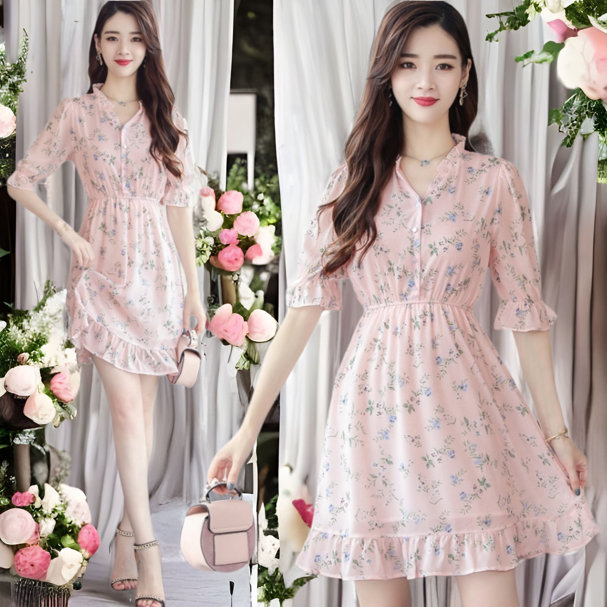 Dress4620 เดรสชีฟองลายดอกไม้สีชมพู กระดุมผ่าหน้าช่วงอก ทรงคอวีปกระบายเล็กๆ เอวยางยืด แขนสามส่วนระบาย