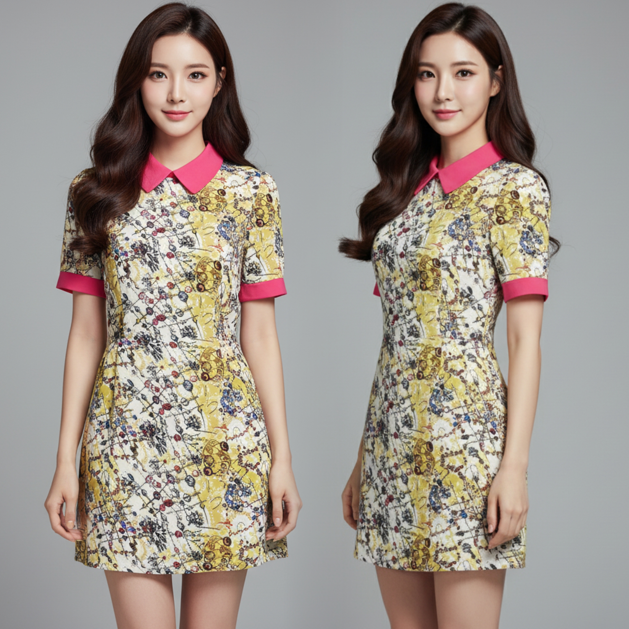 Dress3373 ชุดเดรสทรงเข้ารูป คอบัวสีชมพู มีซิปหลังใส่ง่าย ผ้าชีฟองเนื้อดีลายกราฟฟิคโทนสีเขียวครีม งานดีมีซับในทั้งชุด