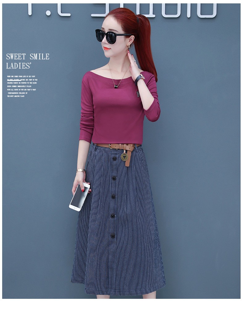 Set_bs1775 ชุดเซ็ท 2 ชิ้น(เสื้อ+กระโปรง) เสื้อแขนยาวคอปาดสีม่วงเปลือกมังคุด + กระโปรงยาวลายริ้วสีกรมแต่งกระดุมหน้าผ้าคอตตอนยีนส์เนื้อดี งานเซ็ทเข้าชุดสุดน่ารัก ดีเทลเก๋ๆ ดีงาม แมทช์ได้ลงตัวเข้ากันดูดีที่สุด
