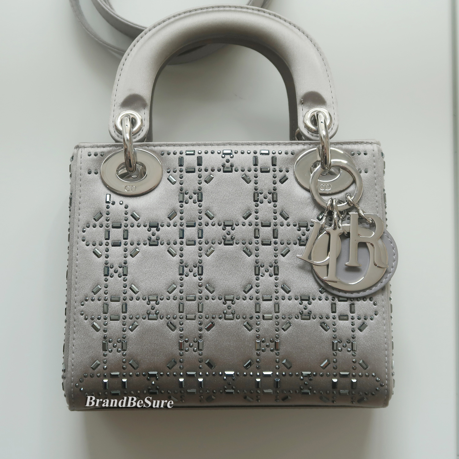 Christian Dior Grey Strass Cannage Satin Mini Lady Dior SHW