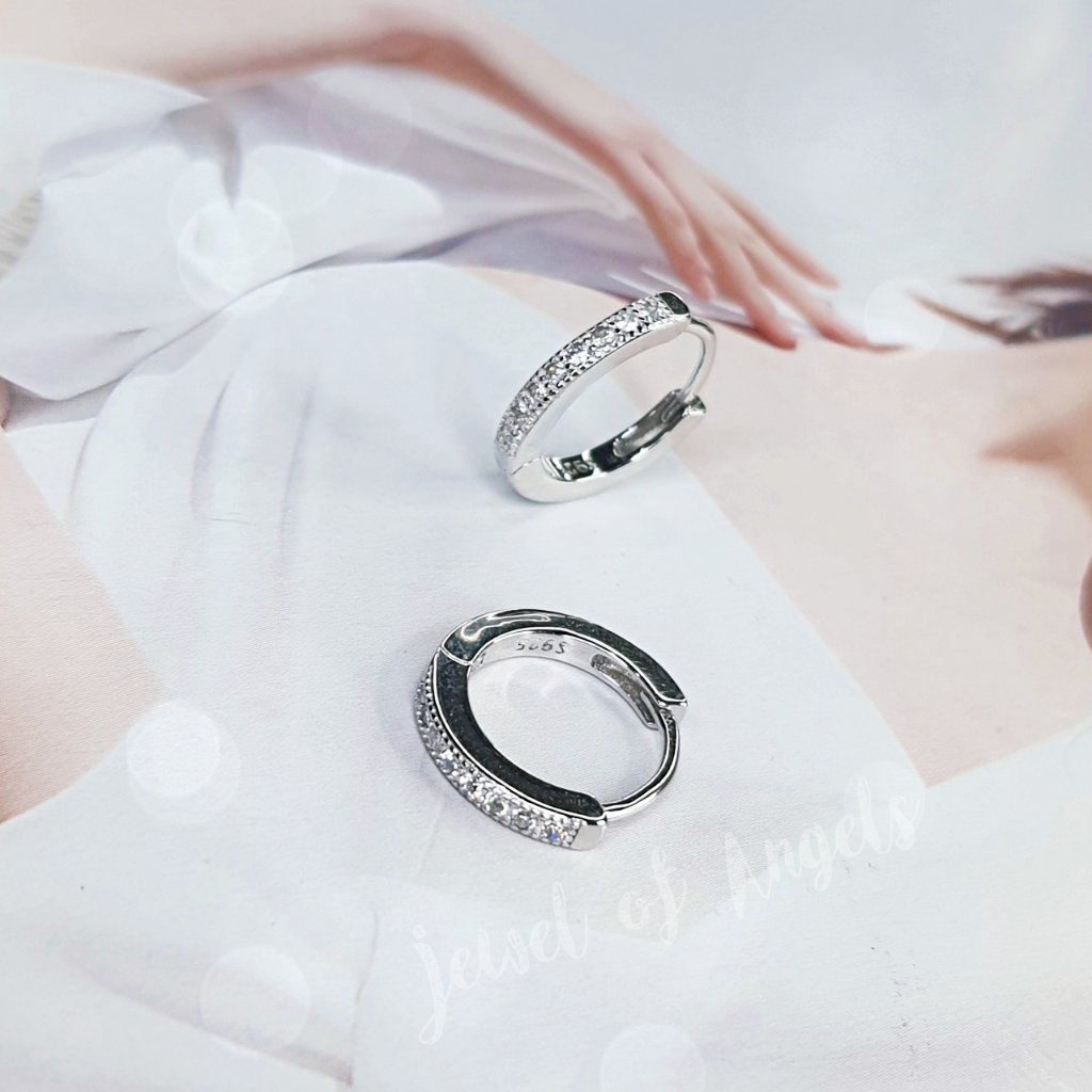 ต่างหูเงินแท้ S925 รุ่น Embrace ต่างหูห่วงฝังเพชรCZ สูง12.5mm เงินแท้ทั้งชิ้น Silver925 ต่างหูผู้ชาย ต่างหูผู