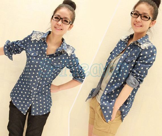 เสื้อเชิ้ตผู้หญิง แบบตัวยาว แขนยาว ลายจุด ผ้าฝ้ายสียีนส์ ใส่สบายไม่ร้อน แต่งลูกไม้สีขาว บนบ่า สามารถใส่เป็นเสื้อคลุม หรือ ใส่เที่ยวเลย ก็ได้นะคะ 524032