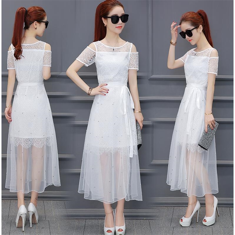 Dress4492 เดรสลูกไม้สีขาวเว้าไหล่+กระโปรงป้ายผ้ามุ้งผูกเอวแต่งหมุดเพิ่มความสวยงาม ผ้าลูกไม้ฉลุเนื้อดี ใส่ออกงานได้