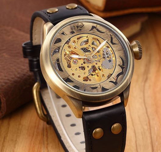 นาฬิกาข้อมือ โชว์กลไก Mechanical watch สายหนังแท้ นาฬิกาแบบไม่ต้องใส่ถ่าน กลไก สีทอง ผสมผสาน กับสายหนังแท้ ได้ลงตัว 660444