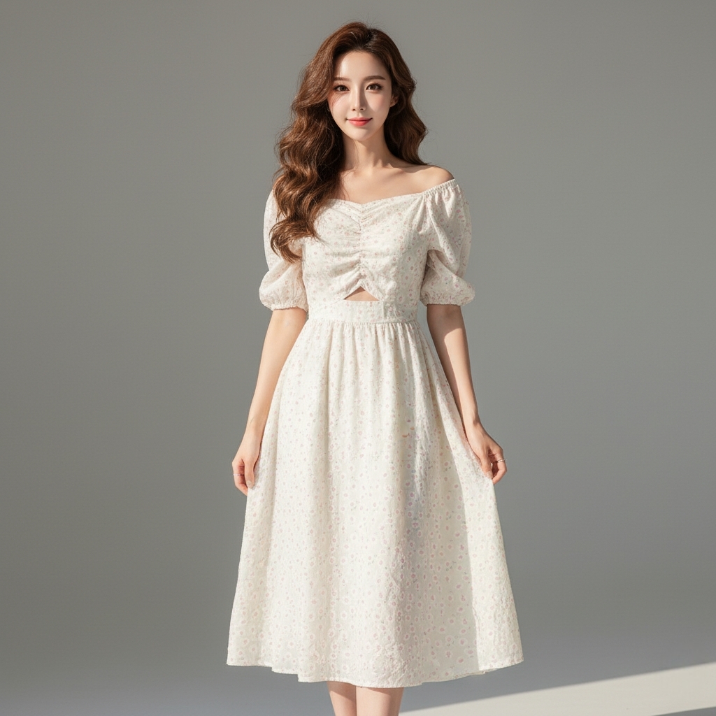 🌸 Dress4674-White เดรสยาวคอวีลายดอกไม้พื้นขาว แขนตุ๊กตา เอวยางยืด ดีไซน์หวานนิดๆ เก๋หน่อยๆ ได้ทั้งลุคเรียบง่ายและดูแพง