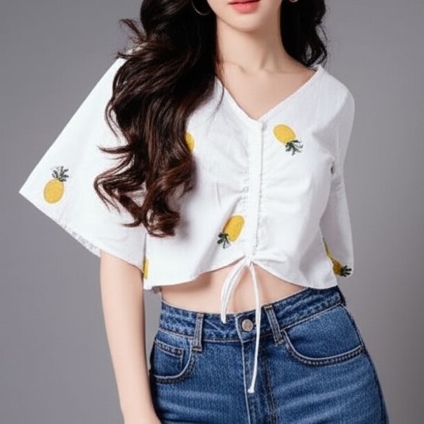 Blouse4032 เสื้องานปักลายผลไม้ แต่งเชือกรูดด้านหน้า ผ้าคอตตอนเนื้อดีนุ่มใส่สบาย งานน่ารักแมทช์กับอะไรก็เข้า