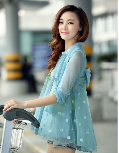 เสื้อคลุม เสื้อ Jacket ผู้หญิง ผ้าซีทรู กระโปรง ลายจุด สีฟ้าน้ำทะเล เสื้อแจ็คเก็ต ตัวยาว สามารถใส่ คลุม เป็น ชุดเดรส สไตล์ สาวหวาน 463462
