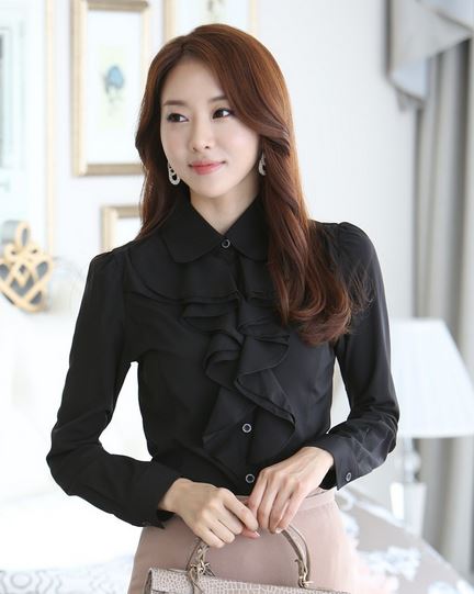 เสื้อแฟชั่น เสื้อผู้หญิง ใส่ทำงาน เสื้อเชิ้ต สีดำ ใส่ทำงาน ออฟฟิต แบบมีระบาย พู่ที่คอ เสื้อใส่ทำงาน สีดำ สวย ๆ แขนยาว มีดีไซน์ 218326