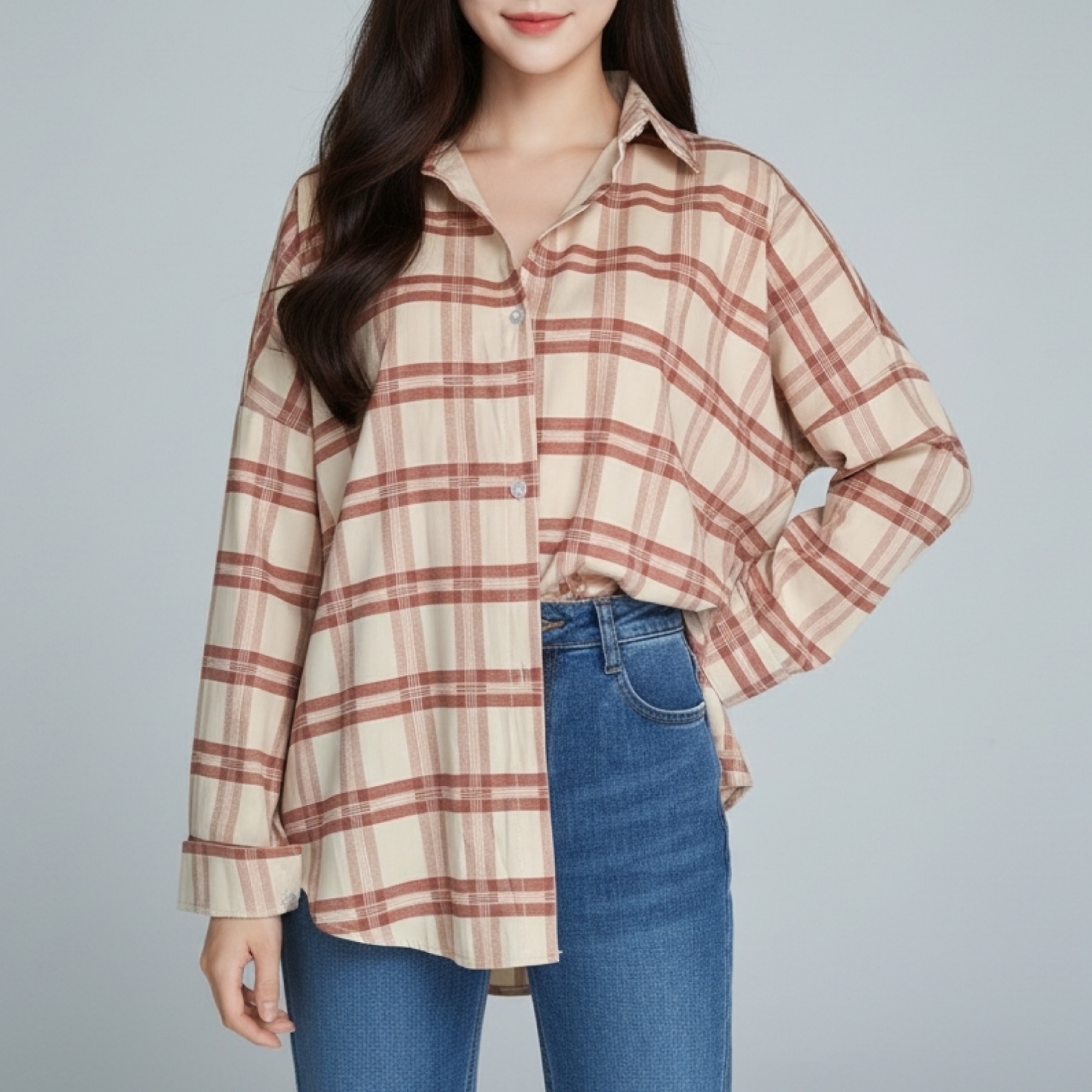 🧸 Blouse4076 เสื้อเชิ้ตโอเวอร์ไซส์ลายสก็อตครีมน้ำตาล รอบอก 48" เท่สบาย แมทช์ได้ทุกลุค ใส่เดี่ยวก็ปัง คลุมก็เก๋