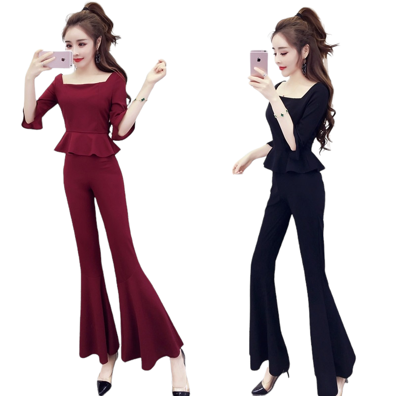 Set_bt1733 ชุดเซ็ท(เสื้อ+กางเกง) เสื้อคอเหลี่ยมชายระบายแขนสามส่วนซิปหลังใส่ง่าย กางเกงขายาวชายบาน เอวสม็อคยางยืดหลัง ผ้าโพลีเนื้อดีหนามีน้ำหนักยืดหยุ่นได้ งานดีทรงดีเรียบหรู ใส่แล้วดูสวยแพง มี 2 สี ดำ, ไวน์แดง