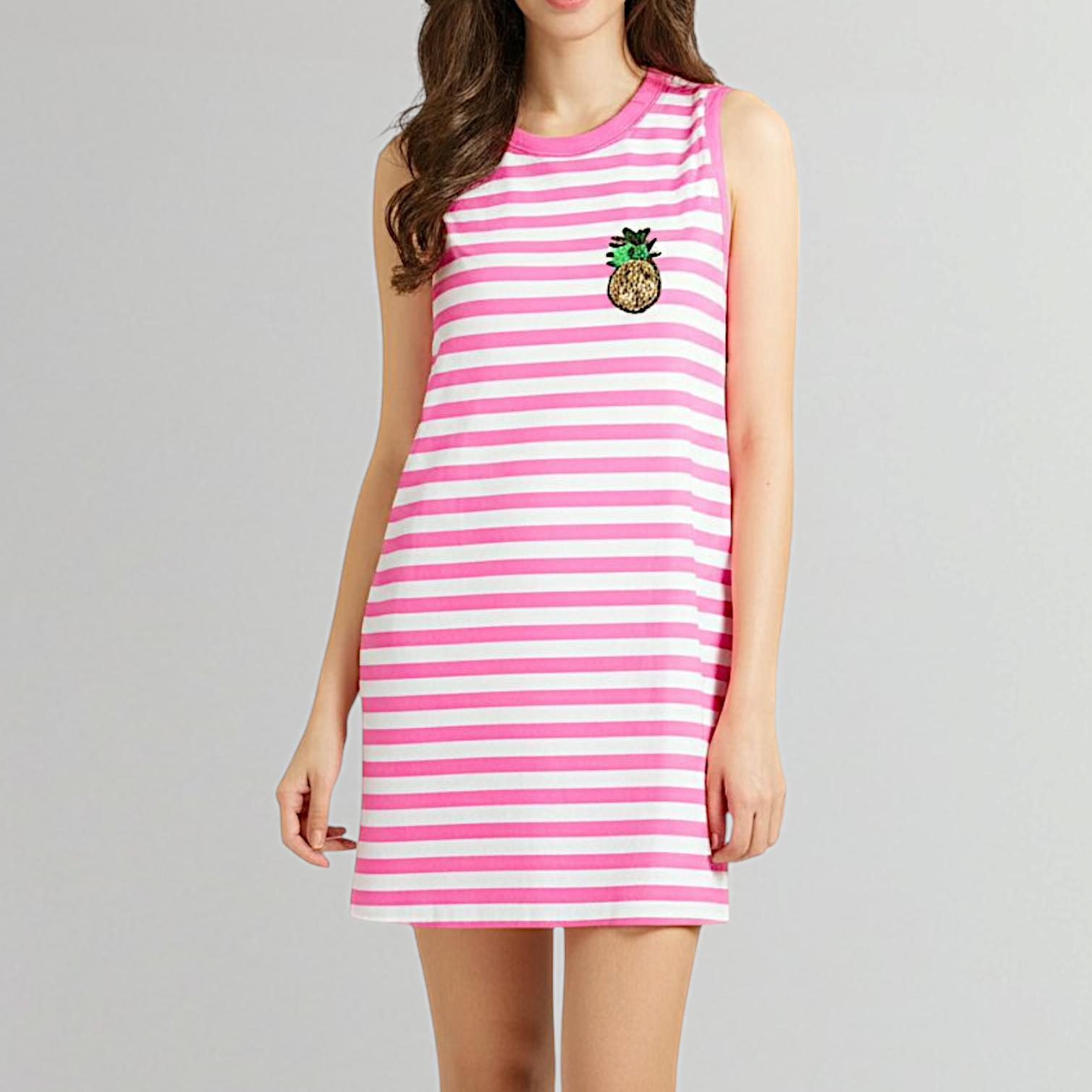 Dress3192 ชุดเดรสทรงปล่อยลายริ้วสีขาวชมพู อกปักลายสับปะรดน่ารัก ผ้าคอตตอนเนื้อดีนุ่มใส่สบาย งานสวยใส่ง่ายน่ารักมาก