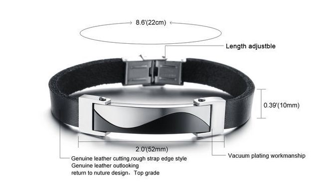 สร้อยข้อมือผู้ชาย กำไลข้อมือผู้ชาย หนังแท้ สีดำ ดีไซน์ เรียบหรู คลาสสิค ออกแบบเป็น เส้น Curve Stainless ผสมผสาน กับหนัง สีดำ no 811454