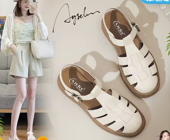 รองเท้ารัดส้นผู้หญิง ใส่เที่ยว รองเท้ารัดส้น หนังแท้ ลายสาน แบบมีส้นเล็กน้อย สไตล์ วินเทจ สุดคลาสสิค 231749