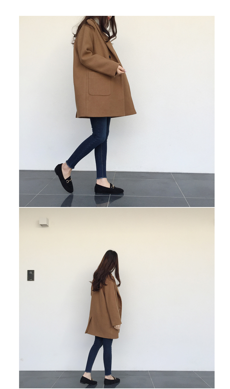 เสื้อโค้ทกันหนาว รุ่นกระดุม 2 แถว ทรงโคล่ง ผ้าวูลผสมสักกะหลาด สไตล์เกาหลี สีน้ำตาล