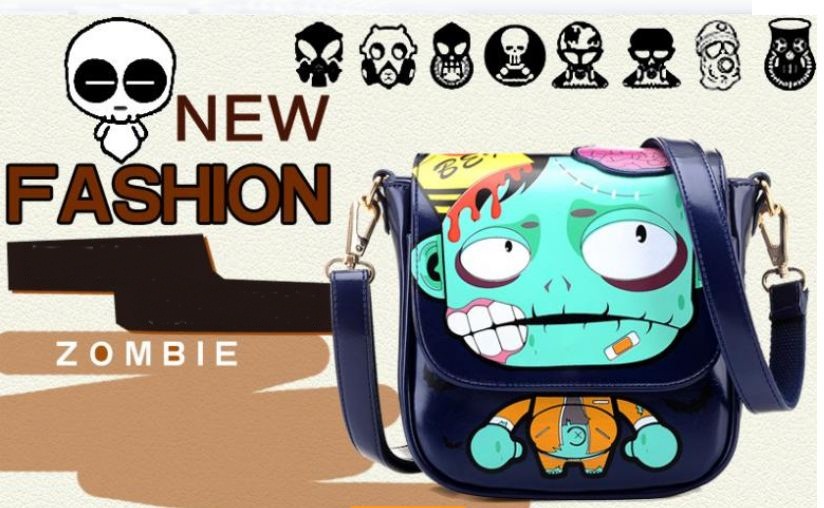 กระเป๋าสะพายข้าง Zombie การ์ตูน สีสัน น่ารักสดใส แฟชั่น ยอดฮิต กระเป๋าผู้หญิง ขนาดกลาง ลาย ซอมบี้ สีดำ ม่วง น้ำตาล น้ำเงิน 1922