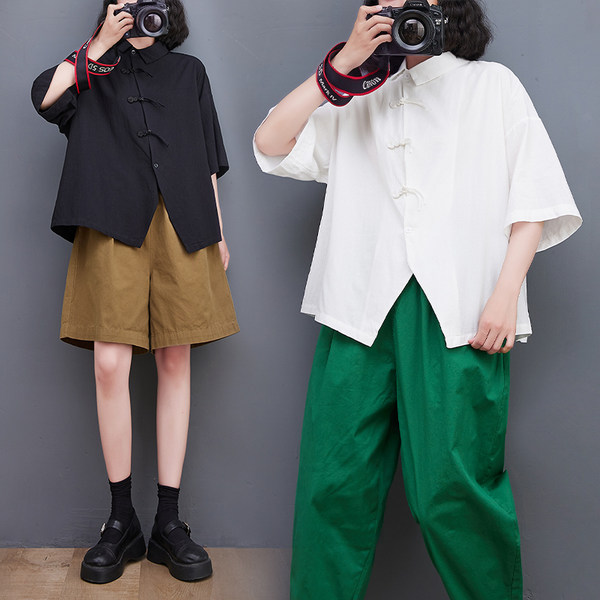 เสื้อทีเชิ้ตคนอ้วนผู้หญิงสไตล์คอตตอนลินินมีไซต์อก 47-48 นิ้ว