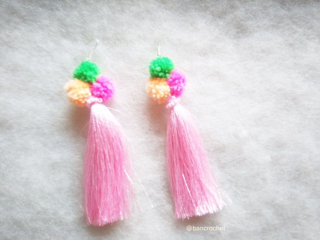 Bancrochet ต่างหูถักโครเชต์ crochet earrings สีชมพู 5 นิ้ว