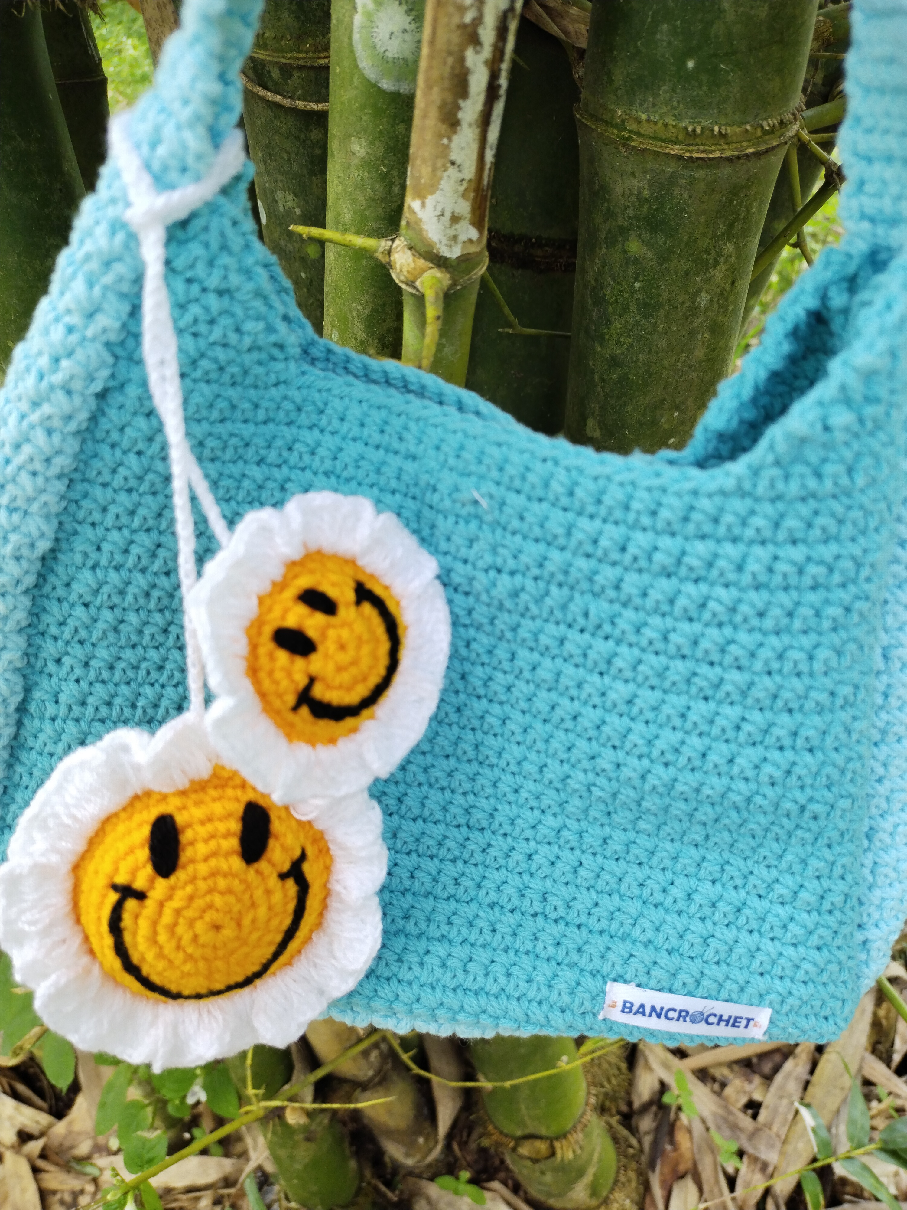 Bancrochet กระเป๋าถักโครเชต์ crochet bag ฟ้า 8*5.5 สาย 7 inch