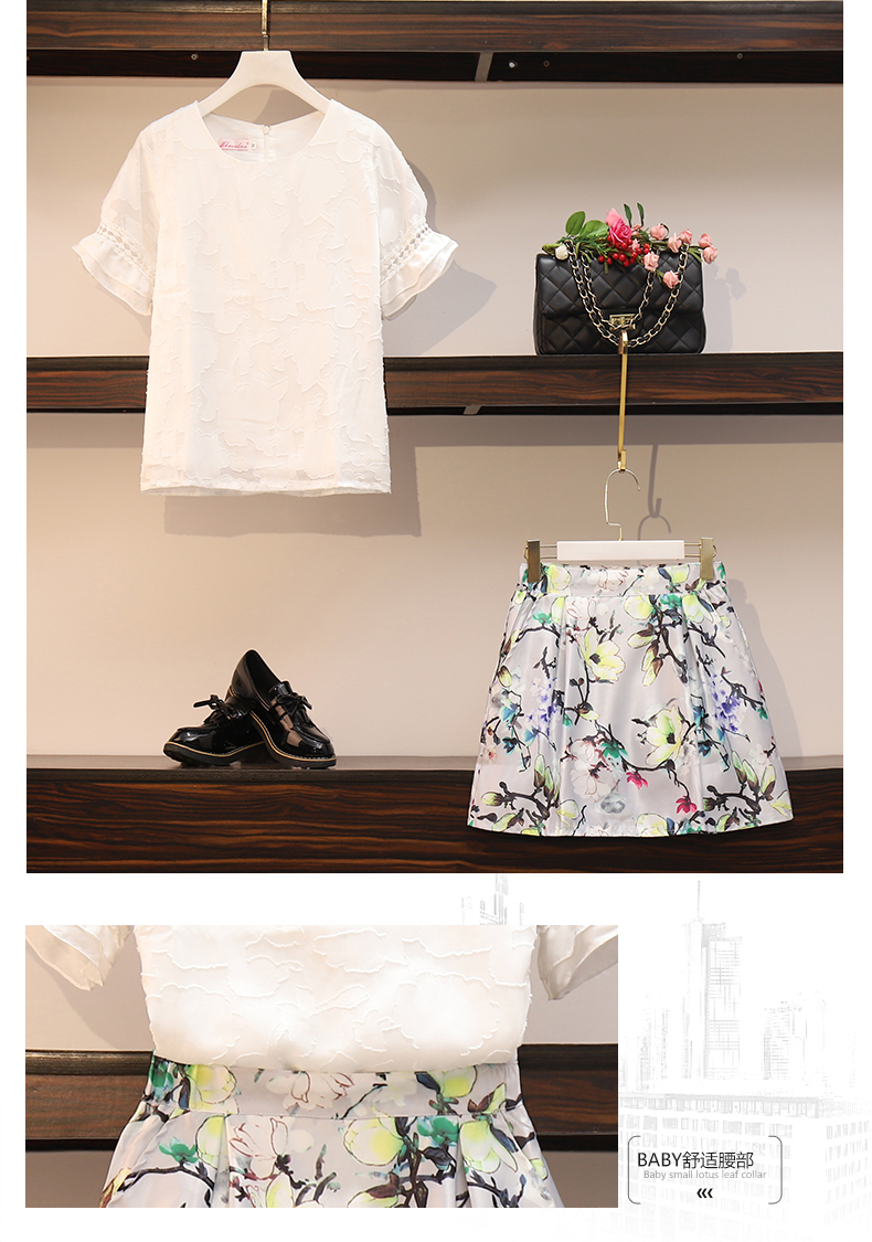 Set_bs1657 ชุด 2 ชิ้น(เสื้อ+กระโปรง) เสื้อแขนระบายแต่งลูกไม้ผ้าชีฟองลายดอกไม้สีขาว+กางเกงกระโปรงลายดอกไม้