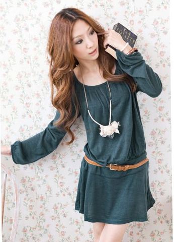เดรสผ้ายืด ผ้า Cotton ใส่ทำงาน เดรส ทรงพอง ใส่สบาย สีพื้น สีเขียวอมฟ้า no 98090_4